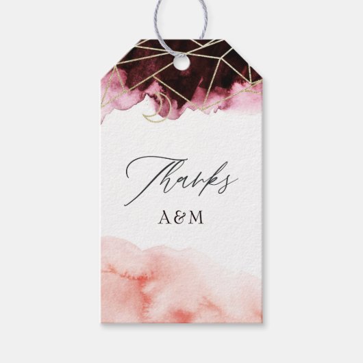 ブルゴーニュと赤面の水の色ジオメトリック結婚ス ギフトタグ (正面)