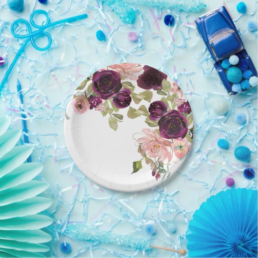 ブルゴーニュと赤面ウォーターカラーフローラブーケ ペーパープレート (パーティー)