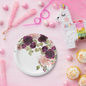 ブルゴーニュと赤面ウォーターカラーフローラブーケ ペーパープレート (パーティー)