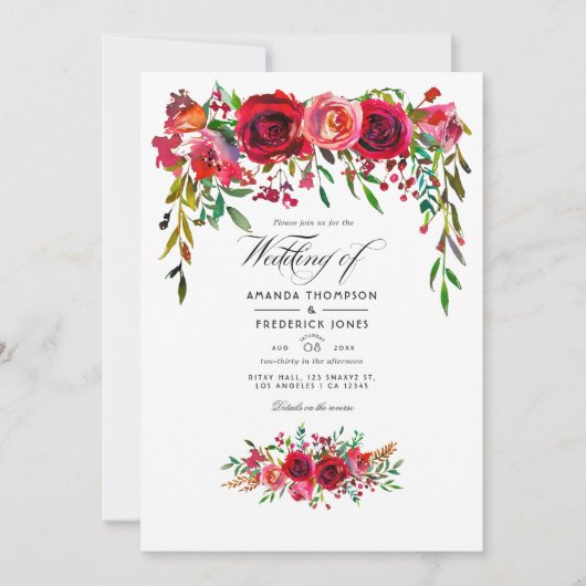 ブルゴーニュと赤面ウォーター色のフローラ結婚ズ 招待状 (正面)