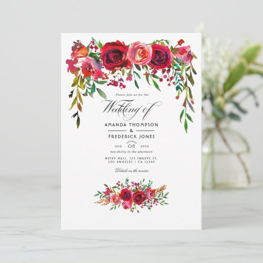 ブルゴーニュと赤面ウォーター色のフローラ結婚ズ 招待状 (スタンド正面)