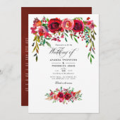 ブルゴーニュと赤面ウォーター色のフローラ結婚ズ 招待状 (正面/裏面)