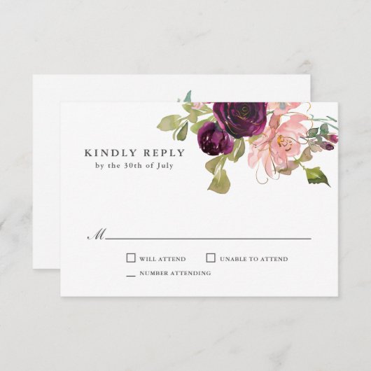 ブルゴーニュと赤面ピンクウェディングRSVP 出欠カード (正面/裏面)