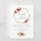 ブルゴーニュと赤面ピンクジオメトリック結婚フローラ 招待状 (正面)