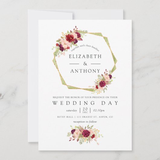 ブルゴーニュと赤面ピンクジオメトリック結婚フローラ 招待状 (正面)