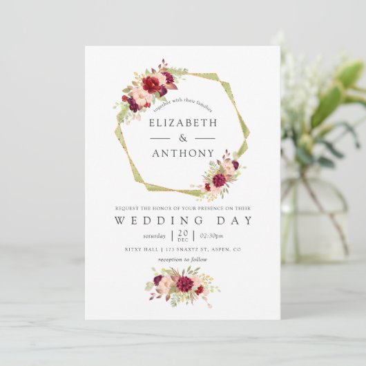 ブルゴーニュと赤面ピンクジオメトリック結婚フローラ 招待状 (スタンド正面)