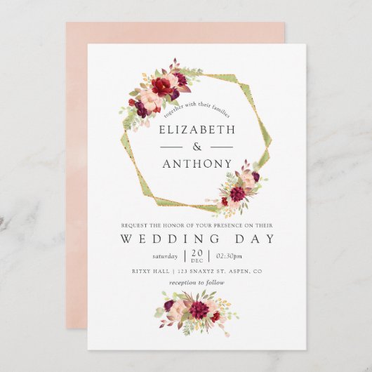 ブルゴーニュと赤面ピンクジオメトリック結婚フローラ 招待状 (正面/裏面)