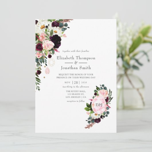 ブルゴーニュと赤面ピンクダイヤモンドモノグラム結婚ズ 招待状 (スタンド正面)