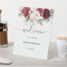 ブルゴーニュと赤面ピンクフローラウェルカムサイン 台座サイン