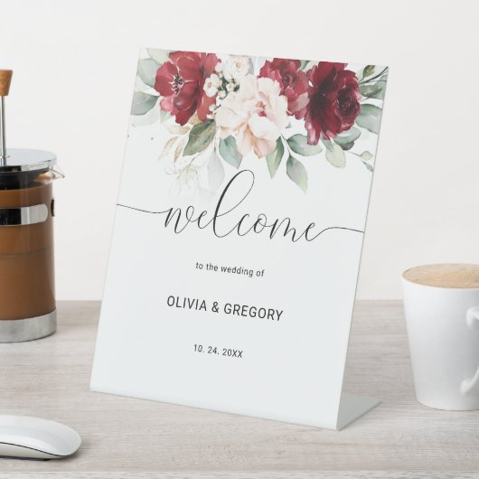 ブルゴーニュと赤面ピンクフローラウェルカムサイン 台座サイン (インサイチュ)