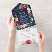 ブルゴーニュと赤面ピンクフローラネイビーブルー結婚ズ オールインワン招待状 (貼ってはがせる)