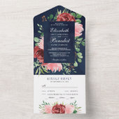 ブルゴーニュと赤面ピンクフローラネイビーブルー結婚ズ オールインワン招待状 (内側)