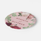 ブルゴーニュと赤面ピンクフローラブーケ結婚ス ペーパープレート (アングル)