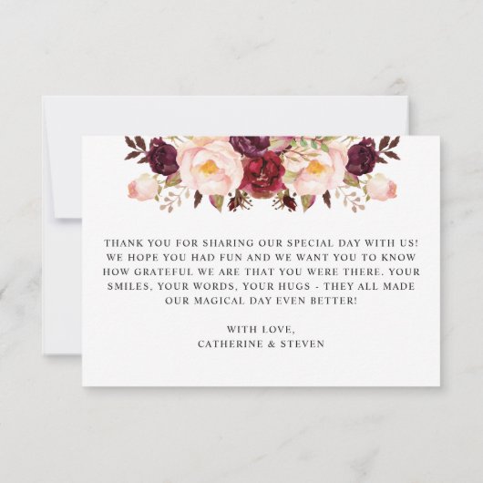 ブルゴーニュと赤面ピンクフローラ植物学結婚の サンキューカード (裏面)