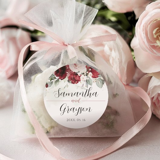 ブルゴーニュと赤面ピンクフローラ結婚式用シール ラウンドシール