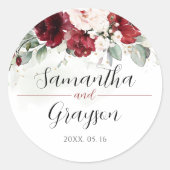 ブルゴーニュと赤面ピンクフローラ結婚式用シール ラウンドシール (正面)