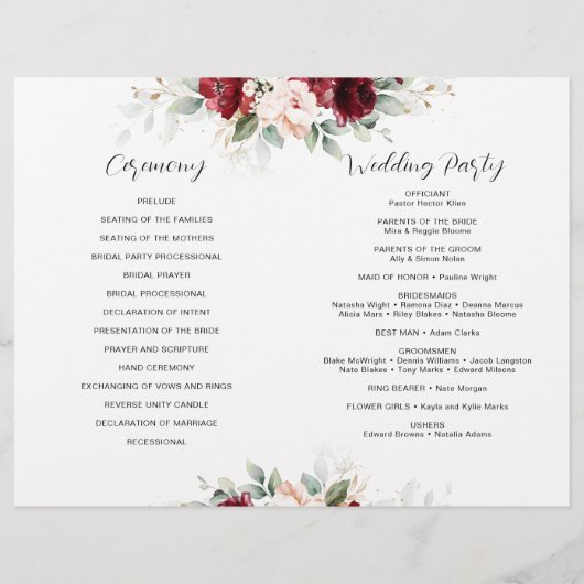 ブルゴーニュと赤面ピンクフローラ結婚式 プログラム (裏面)