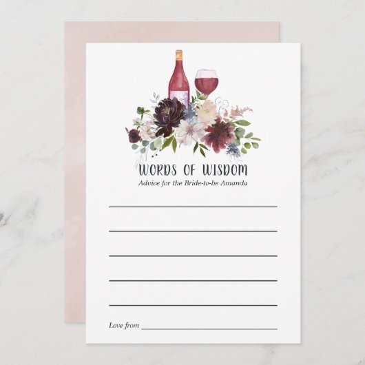 ブルゴーニュと赤面ピンクワインテイスティングブライダルシャワー アドバイスカード (正面/裏面)