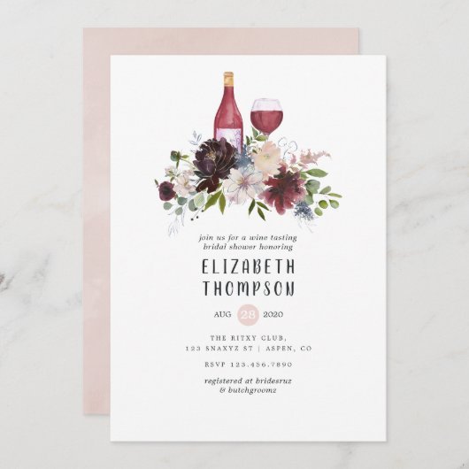 ブルゴーニュと赤面ピンクワインテイスティングブライダルシャワー 招待状 (正面/裏面)
