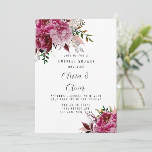ブルゴーニュと赤面ピンク牡丹カップルのシャワー 招待状 (スタンド正面)