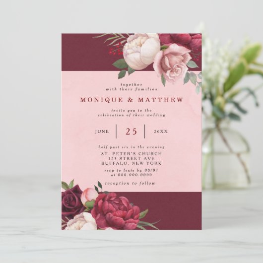 ブルゴーニュと赤面ピンク牡丹結婚ブーケ 招待状 (スタンド正面)