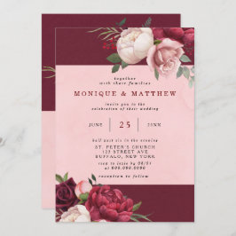 ブルゴーニュと赤面ピンク牡丹結婚ブーケ 招待状