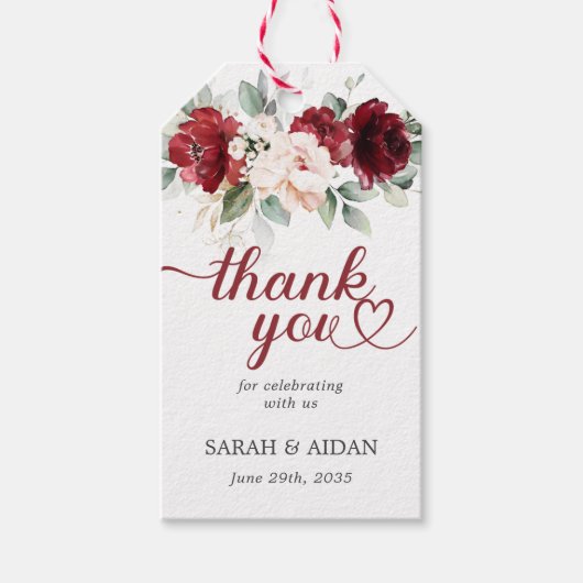 ブルゴーニュと赤面ピンク結婚フローラありがとう ギフトタグ (正面)