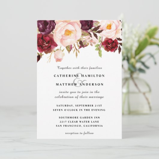 ブルゴーニュと赤面ピンク結婚フローラ 招待状 (スタンド正面)