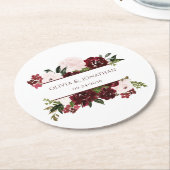 ブルゴーニュと赤面フローラエレガントな結婚式 ラウンドペーパーコースター (アングル)
