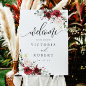 ブルゴーニュと赤面フローラ結婚の歓迎サイン ポスター