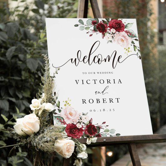 ブルゴーニュと赤面フローラ結婚の歓迎サイン ポスター