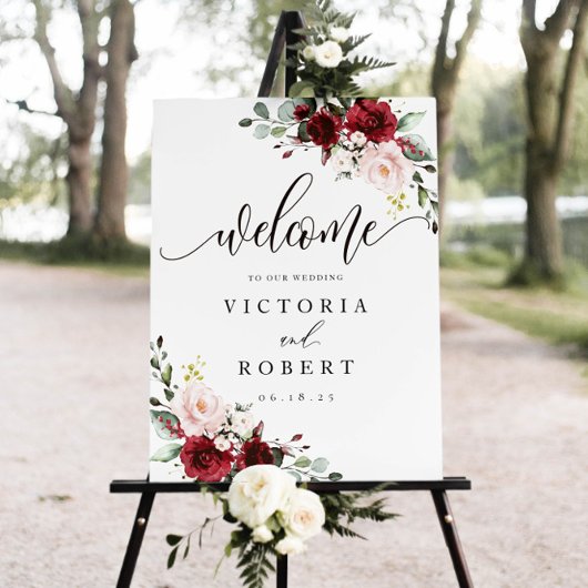 ブルゴーニュと赤面フローラ結婚の歓迎サイン ポスター