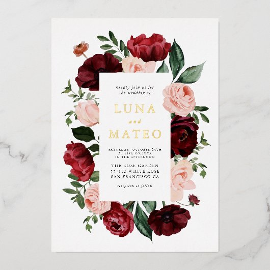 ブルゴーニュと赤面フローラ結婚写真 箔招待状 (正面)