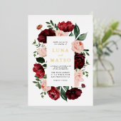 ブルゴーニュと赤面フローラ結婚写真 箔招待状 (立ち正面)