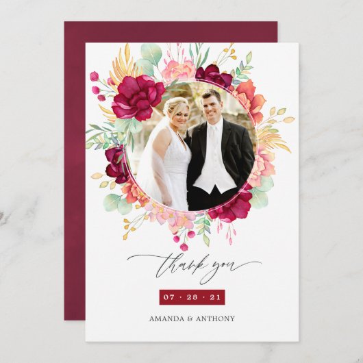 ブルゴーニュと赤面ユーカリ結婚フローラの写真 サンキューカード (正面/裏面)