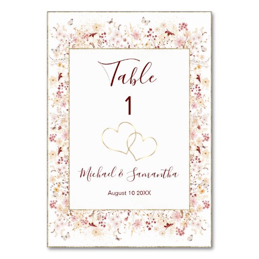 ブルゴーニュと赤面ワイルドフラワー結婚ズ テーブルナンバー (正面)