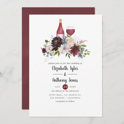 ブルゴーニュと赤面ワインをテーマにしたフローラ結婚ズ 招待状 (正面/裏面)