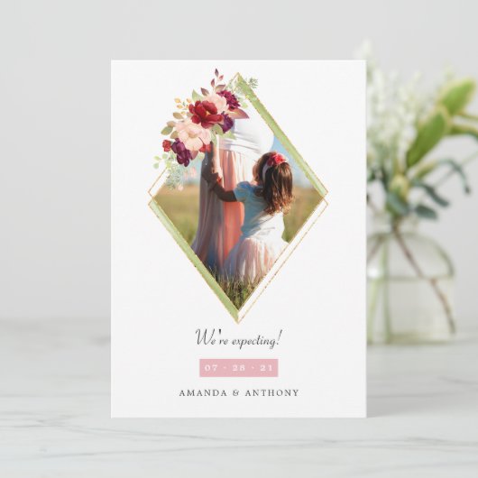 ブルゴーニュと赤面幾何学妊娠写真 案内状 (スタンド正面)