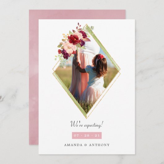 ブルゴーニュと赤面幾何学妊娠写真 案内状 (正面/裏面)