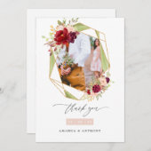 ブルゴーニュと赤面幾何結婚の写真コラージュ サンキューカード (正面/裏面)