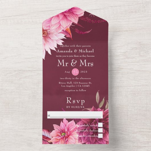 ブルゴーニュと赤面秋秋の結婚式オールインワン オールインワン招待状 (内側)