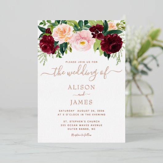 ブルゴーニュと赤面結婚フローラのバラ金ゴールド 箔招待状 (立ち正面)