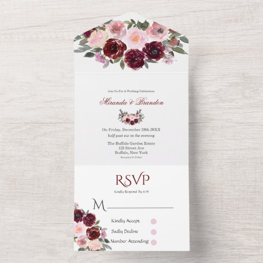 ブルゴーニュと赤面絵を描ピックオ結婚ニー オールインワン招待状 (内側)