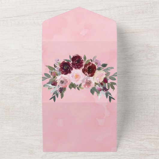 ブルゴーニュと赤面絵を描ピンク結婚牡丹の全て オールインワン招待状 (外側)