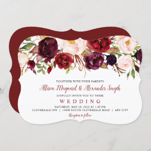 ブルゴーニュと赤面開花水色フローラ 招待状