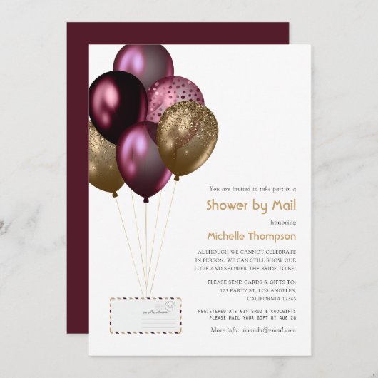 ブルゴーニュと金ゴールドのベビー又はブライダルシャワーによる郵便 招待状 (正面/裏面)