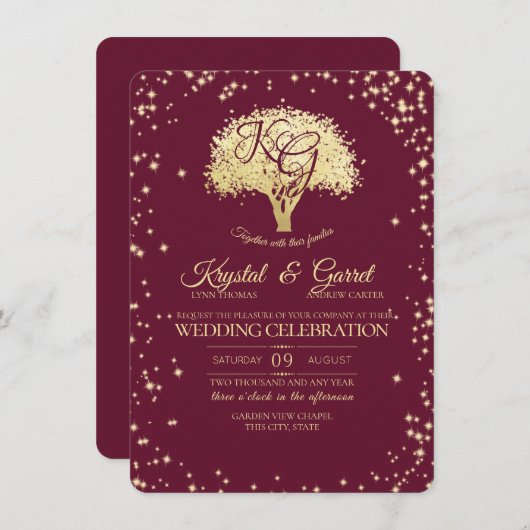 ブルゴーニュと金ゴールドの木と輝結婚き 招待状 (正面/裏面)