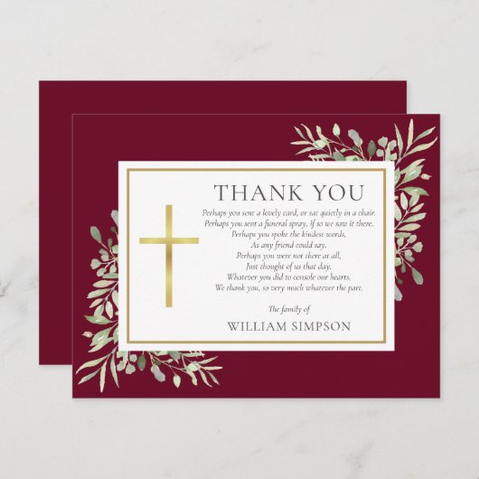 ブルゴーニュと金ゴールドの葬儀の緑の詩 サンキューカード (正面/裏面)