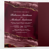 ブルゴーニュと金ゴールドアガテの写真結婚コラージュ 三つ折り招待状 (内部最初)