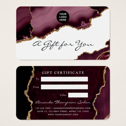 ブルゴーニュと金ゴールドアゲイト石のギフト証明書 (正面&裏面)